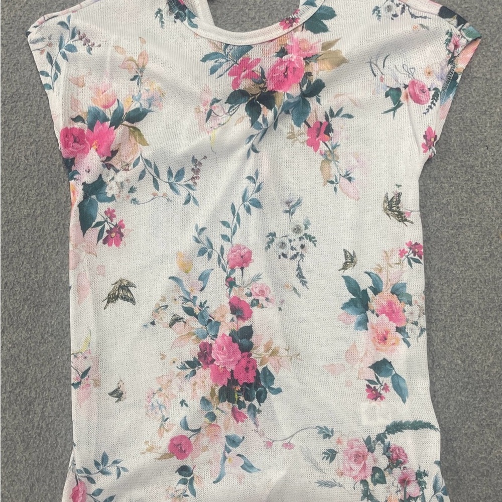 Avery White Short-Sleeve Top with Pink Floral Print